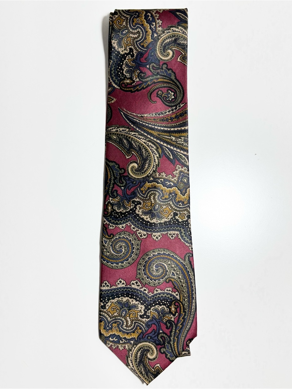 Oscar de la Renta Menswear Couture Collection Paisley Silk Tie Burgundy Navy Gol
